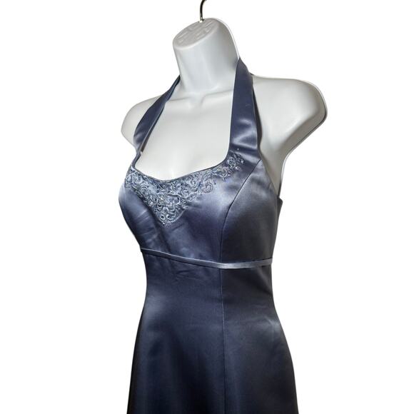 Vintage Prom Dress Maxi Gown 8 Y2K Floral Beaded Halter Glam Satin Corset 90s - Picture 2 of 16